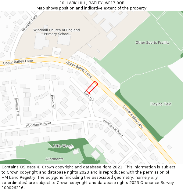 10, LARK HILL, BATLEY, WF17 0QR: Location map and indicative extent of plot