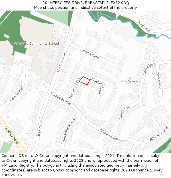 10, MERRYLEES DRIVE, BARNSTAPLE, EX32 9DQ: Location map and indicative extent of plot