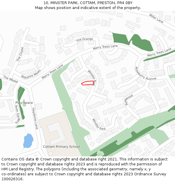 10, MINSTER PARK, COTTAM, PRESTON, PR4 0BY: Location map and indicative extent of plot