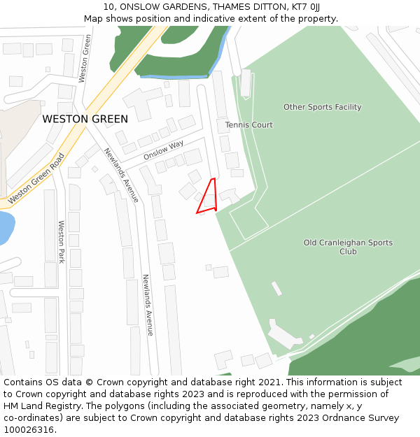 10, ONSLOW GARDENS, THAMES DITTON, KT7 0JJ: Location map and indicative extent of plot