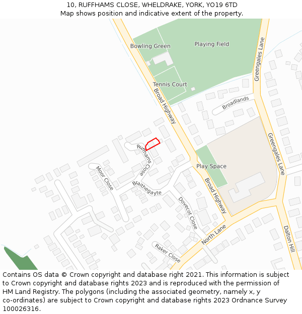 10, RUFFHAMS CLOSE, WHELDRAKE, YORK, YO19 6TD: Location map and indicative extent of plot