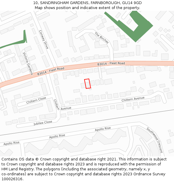 10, SANDRINGHAM GARDENS, FARNBOROUGH, GU14 9GD: Location map and indicative extent of plot