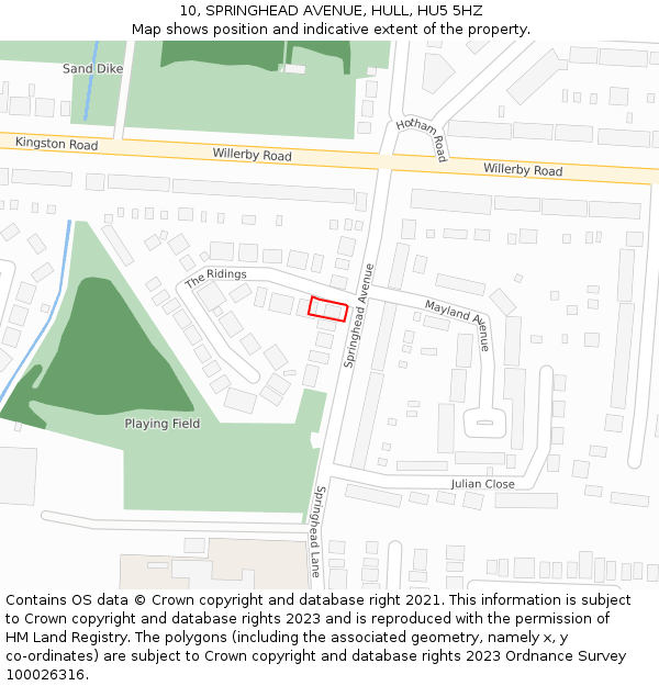 10, SPRINGHEAD AVENUE, HULL, HU5 5HZ: Location map and indicative extent of plot