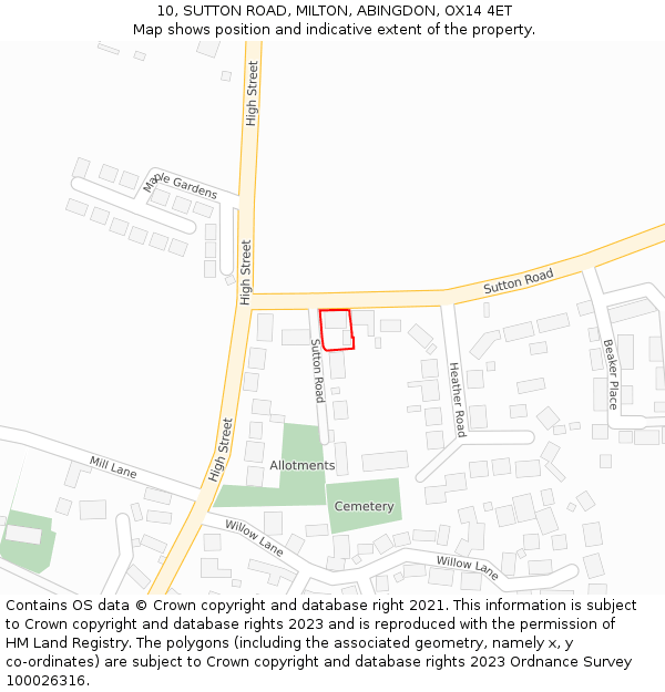 10, SUTTON ROAD, MILTON, ABINGDON, OX14 4ET: Location map and indicative extent of plot