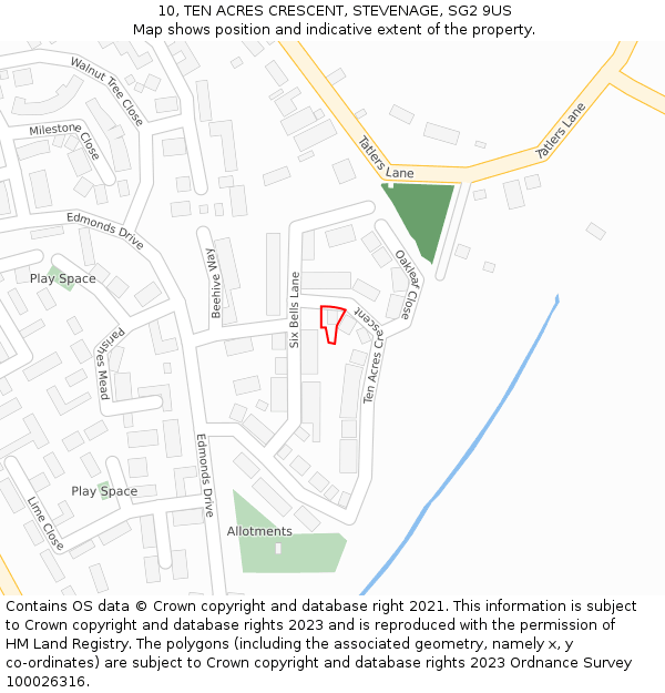 10, TEN ACRES CRESCENT, STEVENAGE, SG2 9US: Location map and indicative extent of plot