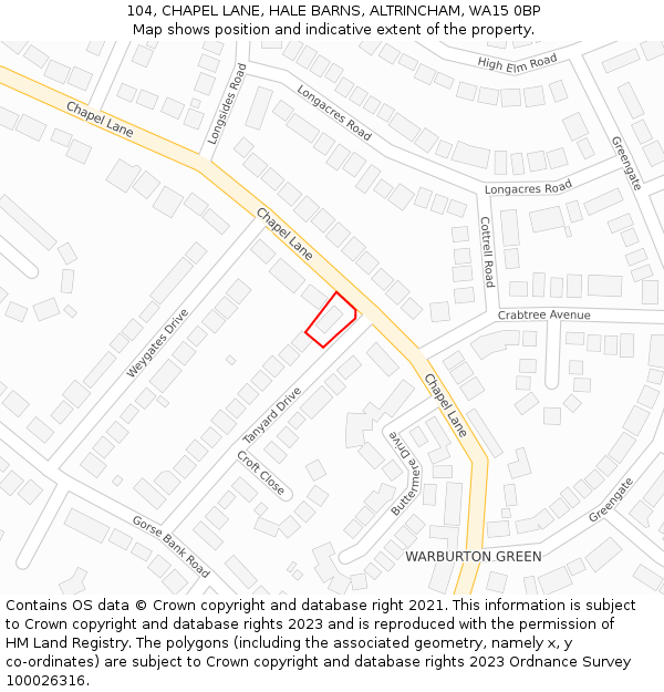 104, CHAPEL LANE, HALE BARNS, ALTRINCHAM, WA15 0BP: Location map and indicative extent of plot