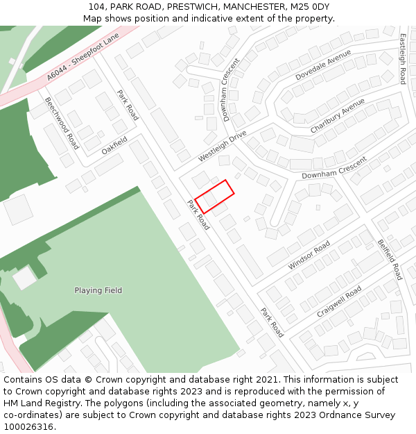 104, PARK ROAD, PRESTWICH, MANCHESTER, M25 0DY: Location map and indicative extent of plot