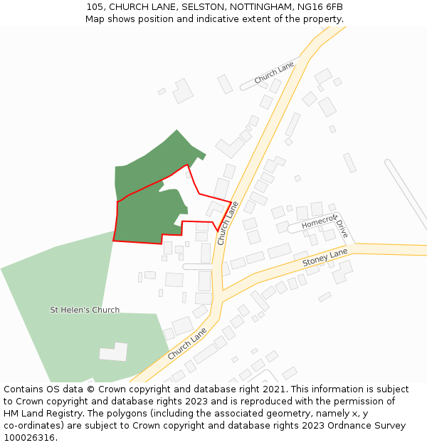 105, CHURCH LANE, SELSTON, NOTTINGHAM, NG16 6FB: Location map and indicative extent of plot