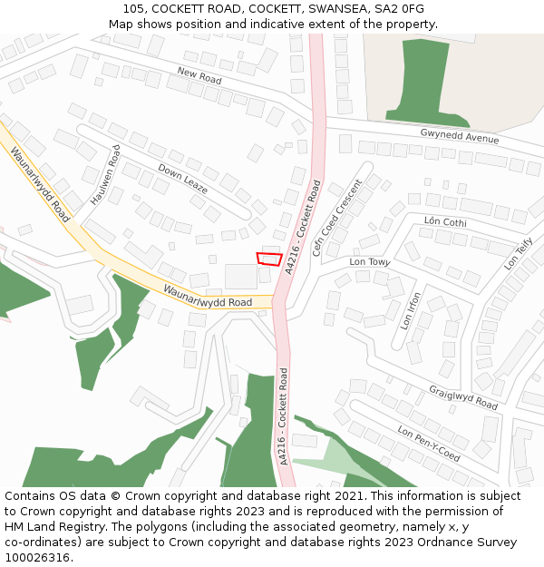 105, COCKETT ROAD, COCKETT, SWANSEA, SA2 0FG: Location map and indicative extent of plot