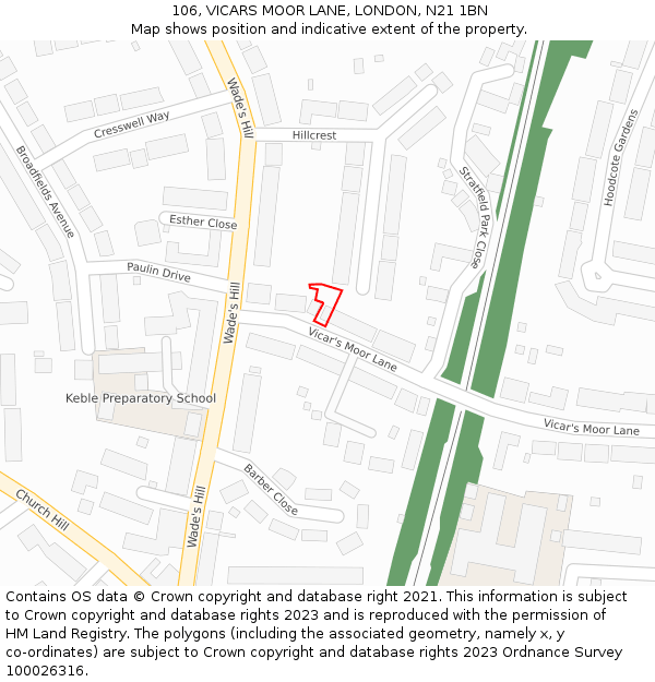 106, VICARS MOOR LANE, LONDON, N21 1BN: Location map and indicative extent of plot