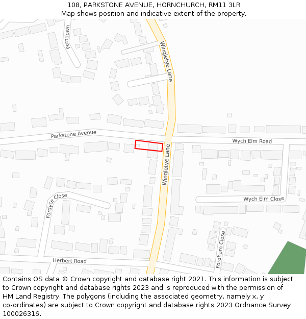 108, PARKSTONE AVENUE, HORNCHURCH, RM11 3LR: Location map and indicative extent of plot