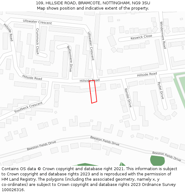 109, HILLSIDE ROAD, BRAMCOTE, NOTTINGHAM, NG9 3SU: Location map and indicative extent of plot