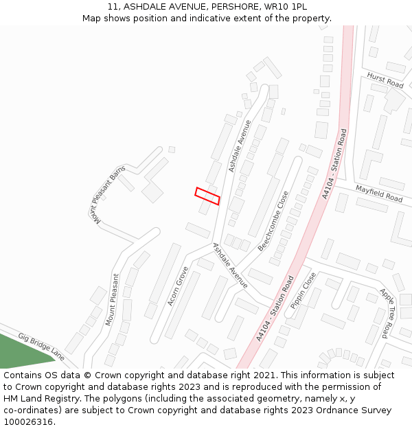 11, ASHDALE AVENUE, PERSHORE, WR10 1PL: Location map and indicative extent of plot