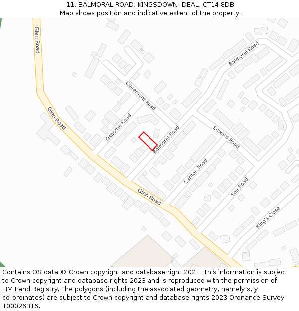 11, BALMORAL ROAD, KINGSDOWN, DEAL, CT14 8DB: Location map and indicative extent of plot