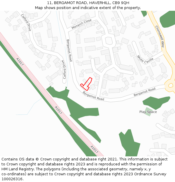 11, BERGAMOT ROAD, HAVERHILL, CB9 9QH: Location map and indicative extent of plot