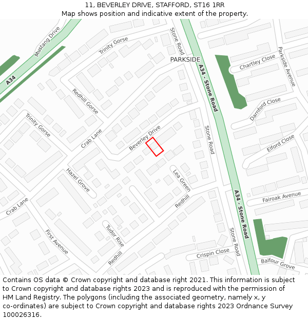 11, BEVERLEY DRIVE, STAFFORD, ST16 1RR: Location map and indicative extent of plot