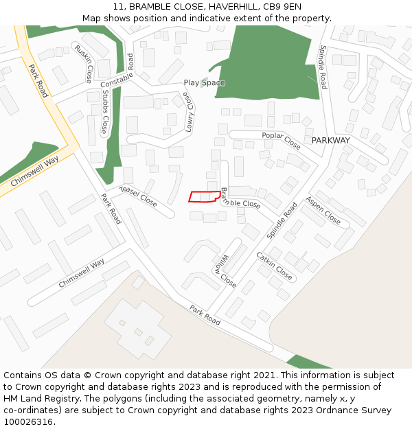 11, BRAMBLE CLOSE, HAVERHILL, CB9 9EN: Location map and indicative extent of plot