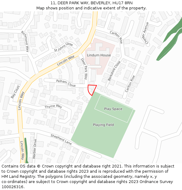 11, DEER PARK WAY, BEVERLEY, HU17 8RN: Location map and indicative extent of plot