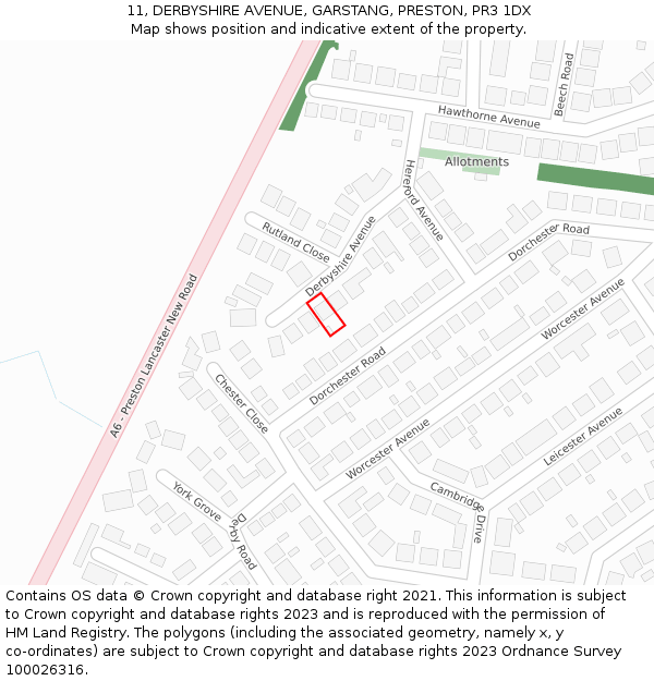 11, DERBYSHIRE AVENUE, GARSTANG, PRESTON, PR3 1DX: Location map and indicative extent of plot