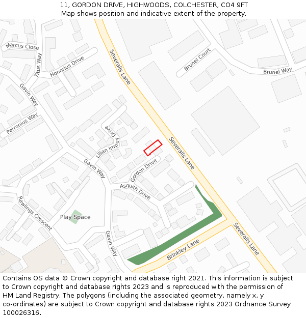 11, GORDON DRIVE, HIGHWOODS, COLCHESTER, CO4 9FT: Location map and indicative extent of plot