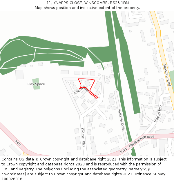 11, KNAPPS CLOSE, WINSCOMBE, BS25 1BN: Location map and indicative extent of plot