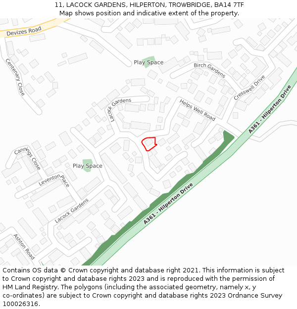 11, LACOCK GARDENS, HILPERTON, TROWBRIDGE, BA14 7TF: Location map and indicative extent of plot