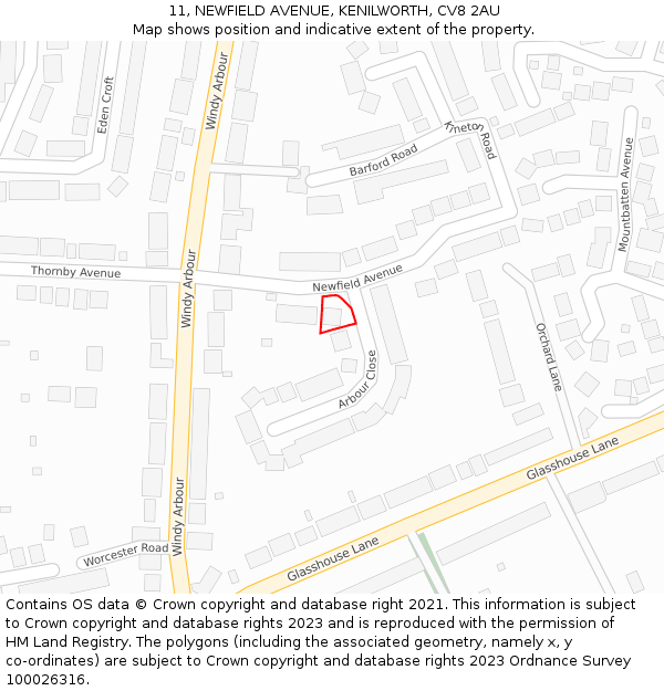 11, NEWFIELD AVENUE, KENILWORTH, CV8 2AU: Location map and indicative extent of plot