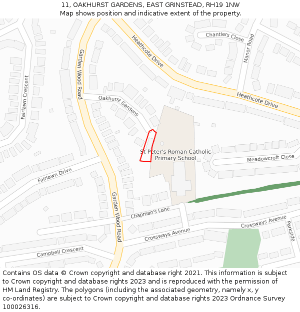 11, OAKHURST GARDENS, EAST GRINSTEAD, RH19 1NW: Location map and indicative extent of plot