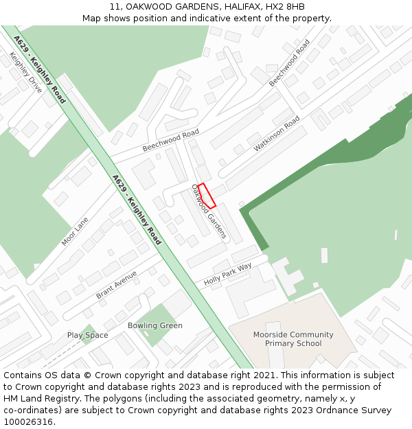 11, OAKWOOD GARDENS, HALIFAX, HX2 8HB: Location map and indicative extent of plot