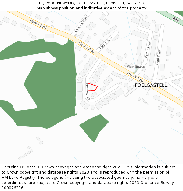 11, PARC NEWYDD, FOELGASTELL, LLANELLI, SA14 7EQ: Location map and indicative extent of plot