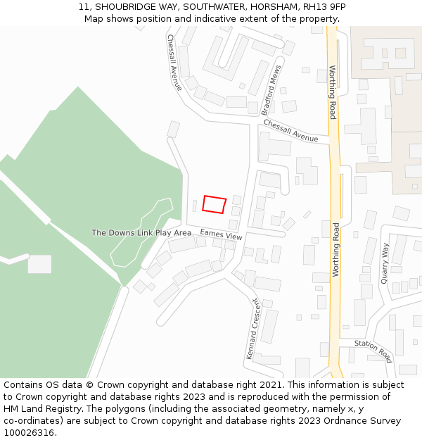 11, SHOUBRIDGE WAY, SOUTHWATER, HORSHAM, RH13 9FP: Location map and indicative extent of plot