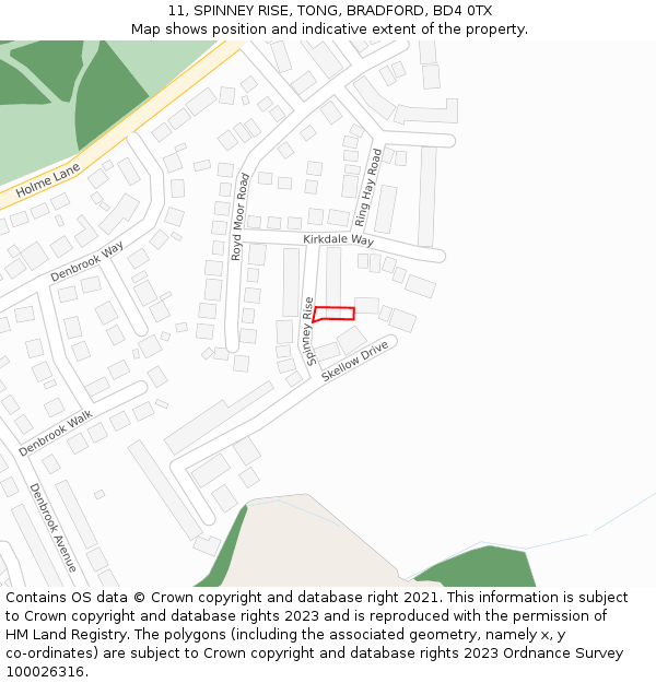 11, SPINNEY RISE, TONG, BRADFORD, BD4 0TX: Location map and indicative extent of plot