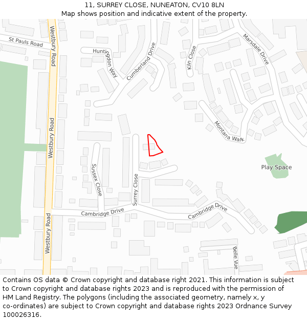 11, SURREY CLOSE, NUNEATON, CV10 8LN: Location map and indicative extent of plot