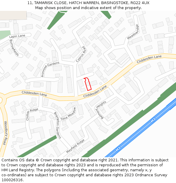 11, TAMARISK CLOSE, HATCH WARREN, BASINGSTOKE, RG22 4UX: Location map and indicative extent of plot