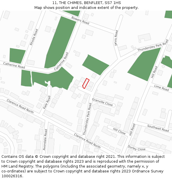 11, THE CHIMES, BENFLEET, SS7 1HS: Location map and indicative extent of plot