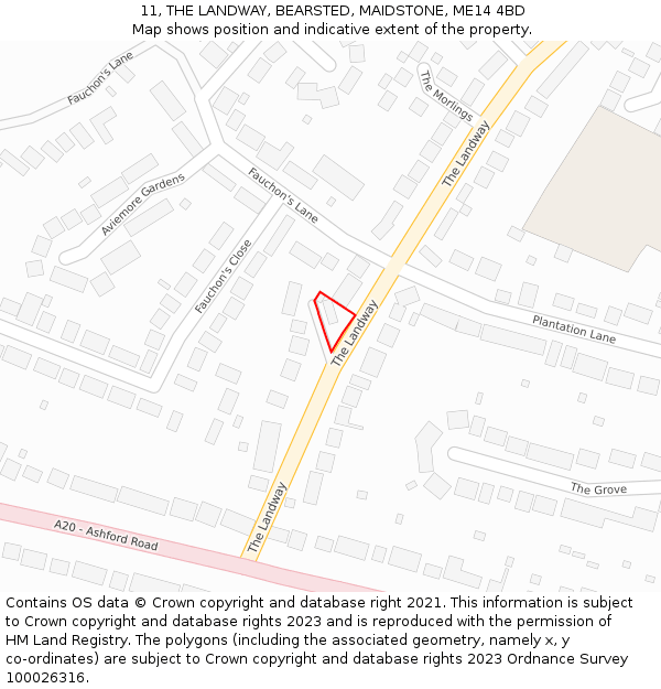 11, THE LANDWAY, BEARSTED, MAIDSTONE, ME14 4BD: Location map and indicative extent of plot