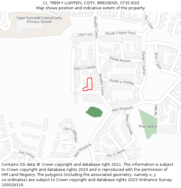 11, TREM Y LLWYFEN, COITY, BRIDGEND, CF35 6GG: Location map and indicative extent of plot