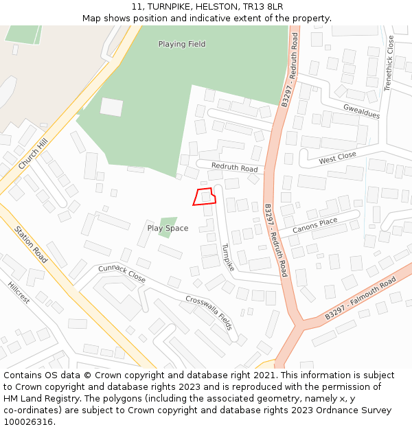 11, TURNPIKE, HELSTON, TR13 8LR: Location map and indicative extent of plot