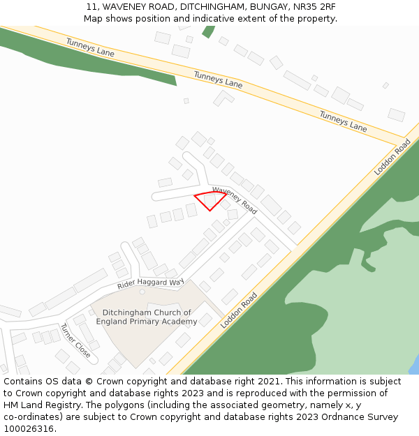 11, WAVENEY ROAD, DITCHINGHAM, BUNGAY, NR35 2RF: Location map and indicative extent of plot