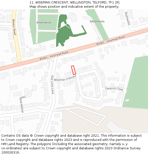 11, WISEMAN CRESCENT, WELLINGTON, TELFORD, TF1 2FJ: Location map and indicative extent of plot