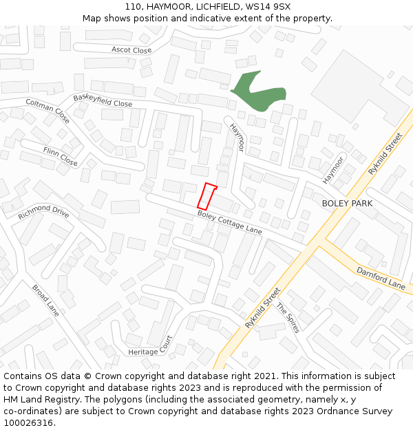 110, HAYMOOR, LICHFIELD, WS14 9SX: Location map and indicative extent of plot