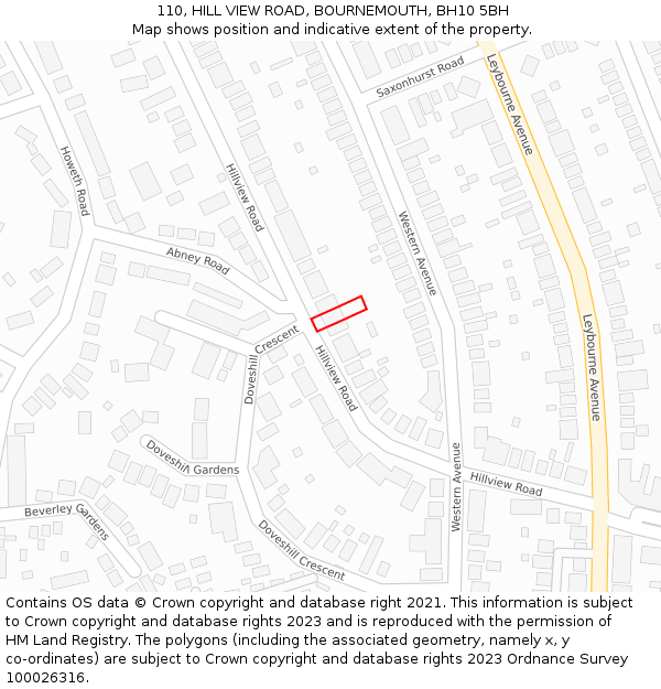 110, HILL VIEW ROAD, BOURNEMOUTH, BH10 5BH: Location map and indicative extent of plot