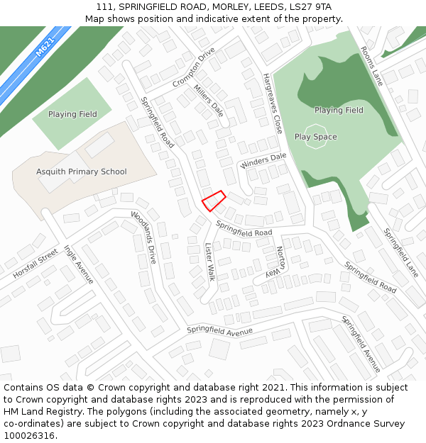 111, SPRINGFIELD ROAD, MORLEY, LEEDS, LS27 9TA: Location map and indicative extent of plot