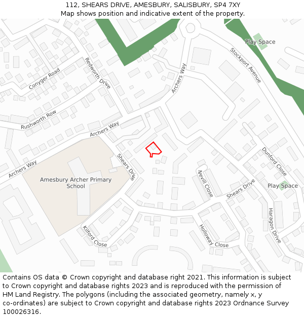 112, SHEARS DRIVE, AMESBURY, SALISBURY, SP4 7XY: Location map and indicative extent of plot