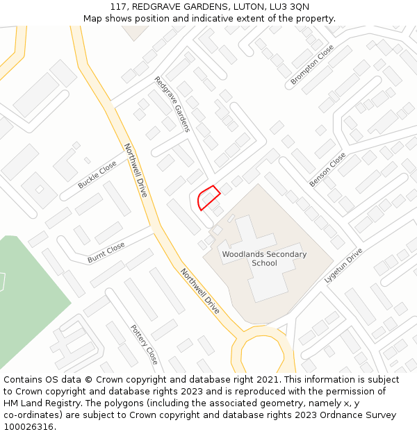 117, REDGRAVE GARDENS, LUTON, LU3 3QN: Location map and indicative extent of plot