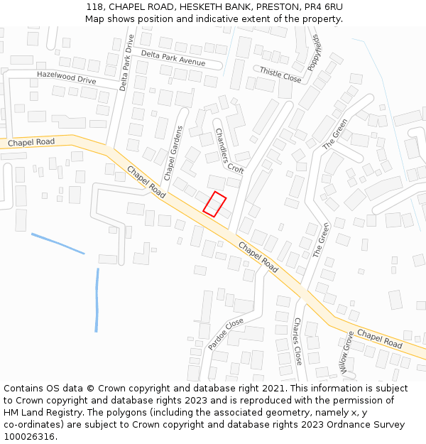 118, CHAPEL ROAD, HESKETH BANK, PRESTON, PR4 6RU: Location map and indicative extent of plot