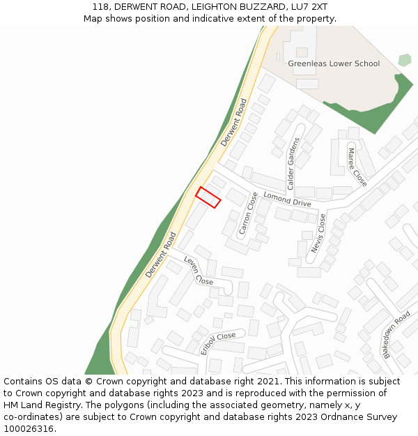 118, DERWENT ROAD, LEIGHTON BUZZARD, LU7 2XT: Location map and indicative extent of plot