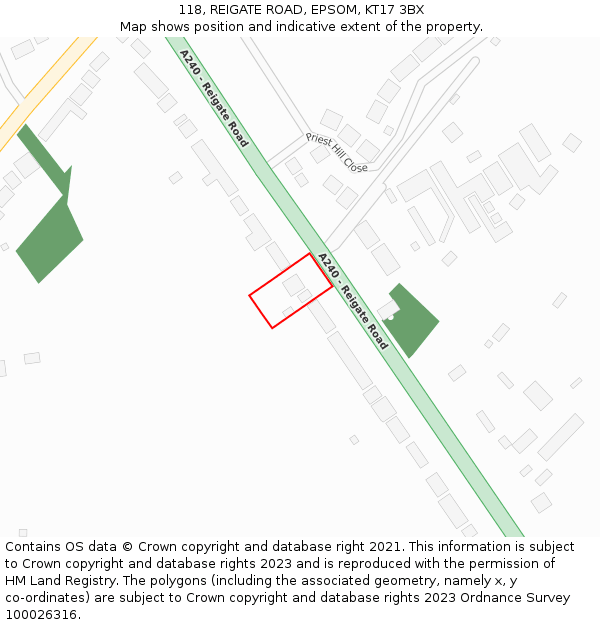 118, REIGATE ROAD, EPSOM, KT17 3BX: Location map and indicative extent of plot