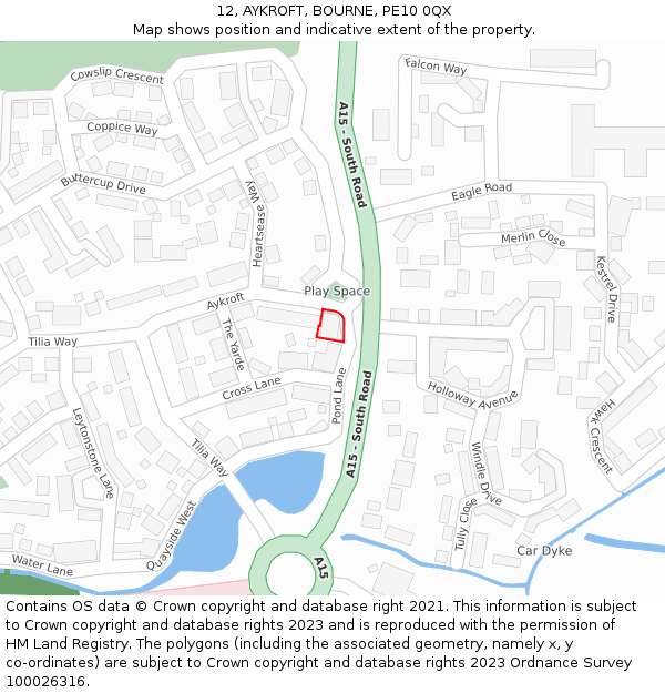 12, AYKROFT, BOURNE, PE10 0QX: Location map and indicative extent of plot