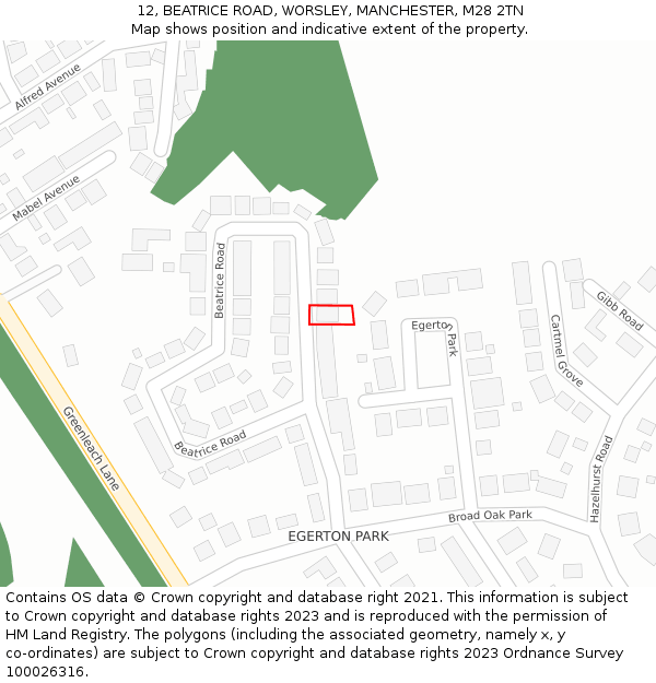 12, BEATRICE ROAD, WORSLEY, MANCHESTER, M28 2TN: Location map and indicative extent of plot